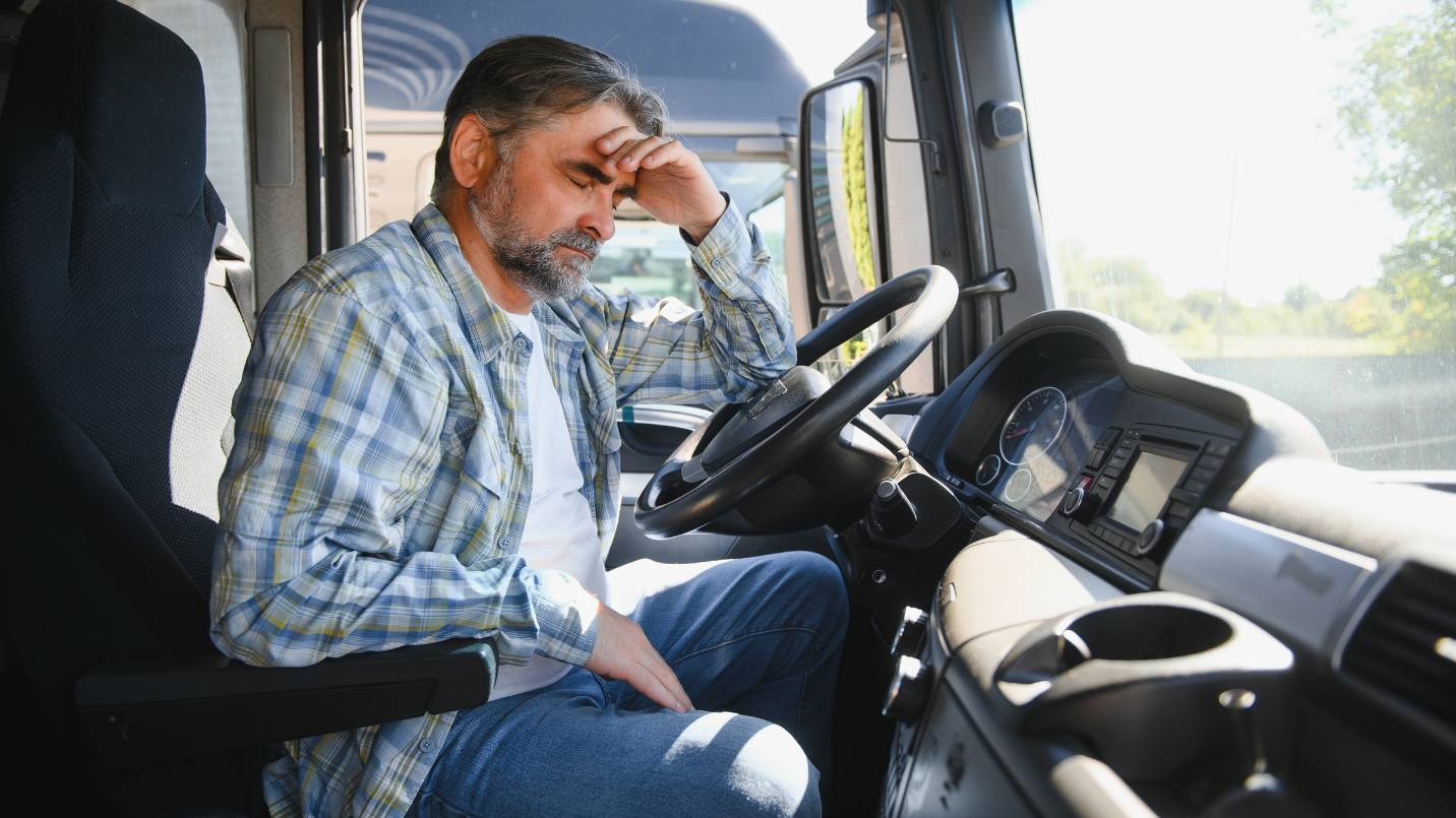 truck driver sitting in his truck cabin looking stressed and holing his head.